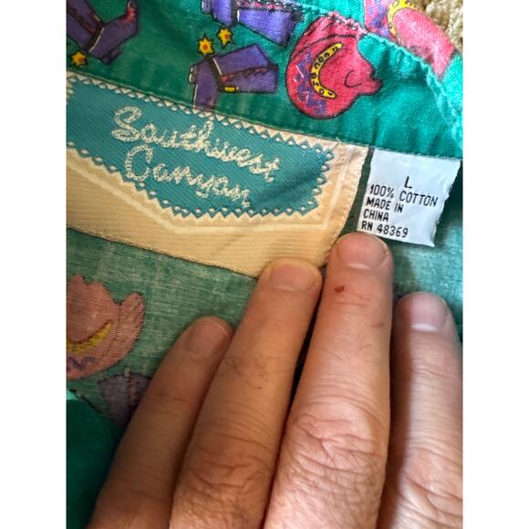 Vintage Southwest Canyon Ladies L Cowboy Hat and Boots Green Western Button Up - Picture 2 of 6